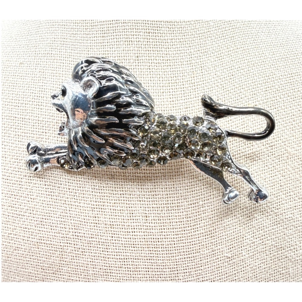 Silver Black Lion Brooch Colorless Glass Stones Leaping Leo Animal Pin